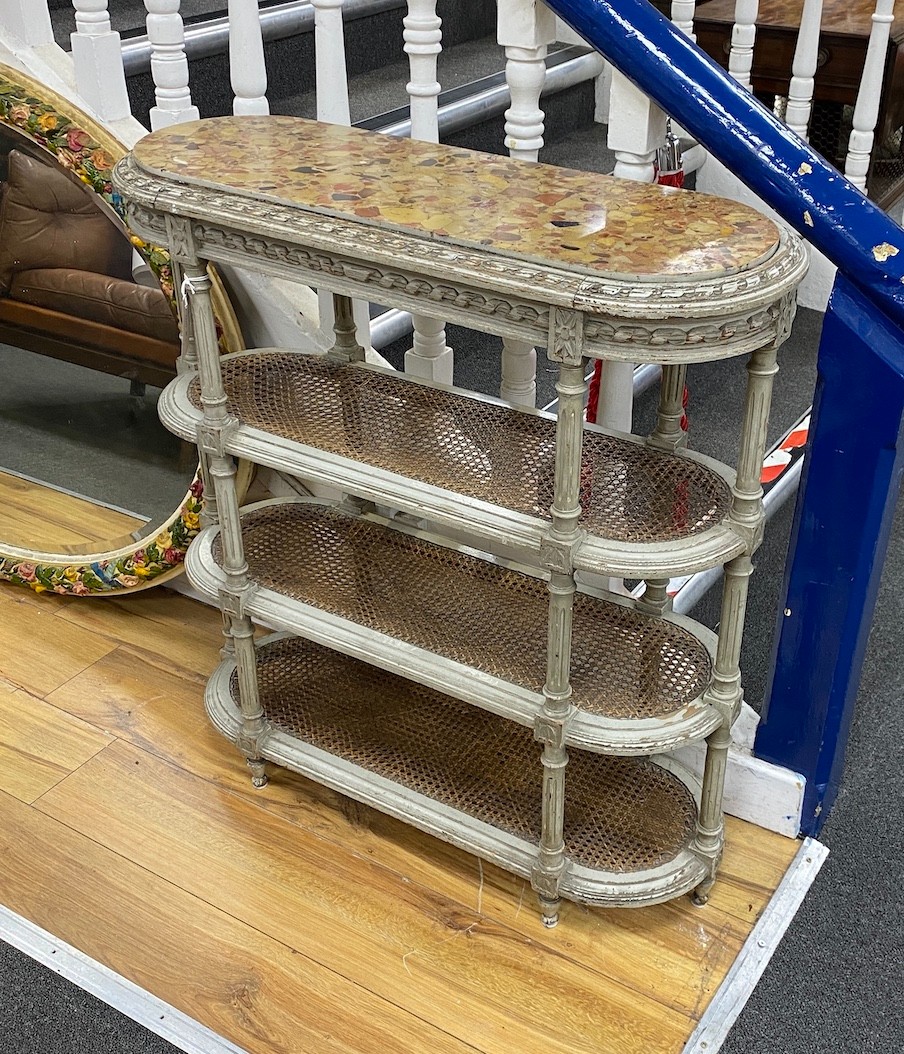 An early 20th century French painted marble topped four tier caned etagere, width 78cm, depth 30cm, height 84cm